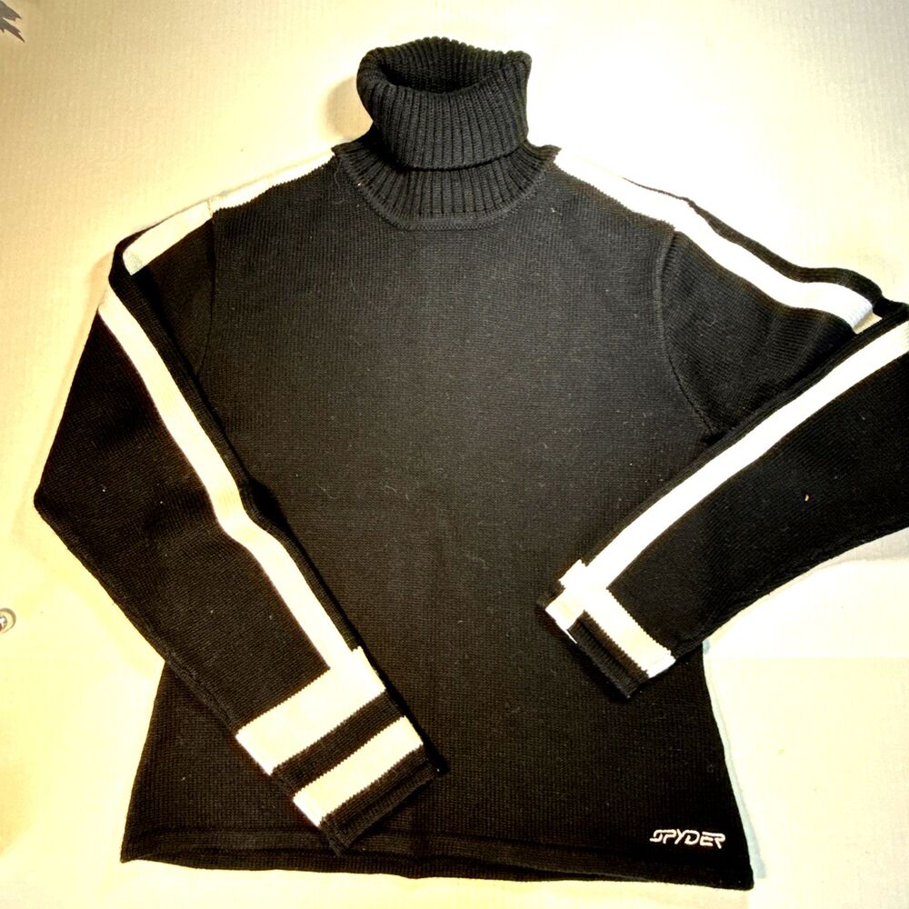 Vintage Spyder Womens Black Wool Blend Sweater Hong Kong Ski Racing Stripes Med